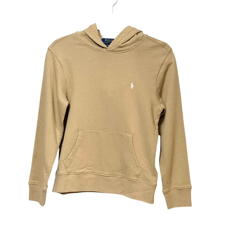 Polo Ralph Lauren Boys Khaki Tan Hoodie Logo Hood Pullover Size M 10-12